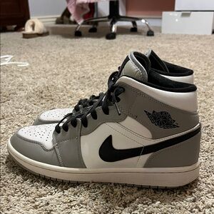 Nike Men's Black, Gray, and White Sneakers. Jordan 1 Mid. "Light Smoke Grey"